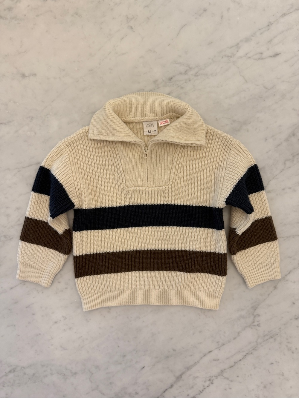 Zara Toddler Boy Striped Quarter Zip Sweater - Cream, Navy and Brown